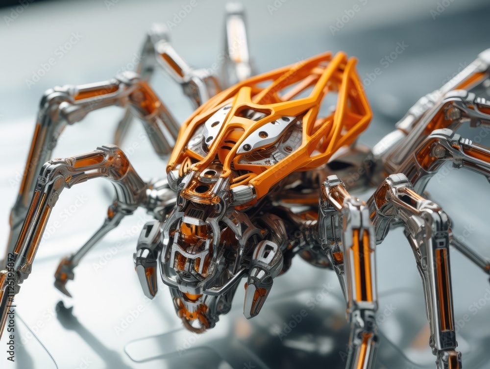 Obraz premium Detailed depiction of a futuristic robotic spider on a metallic surface