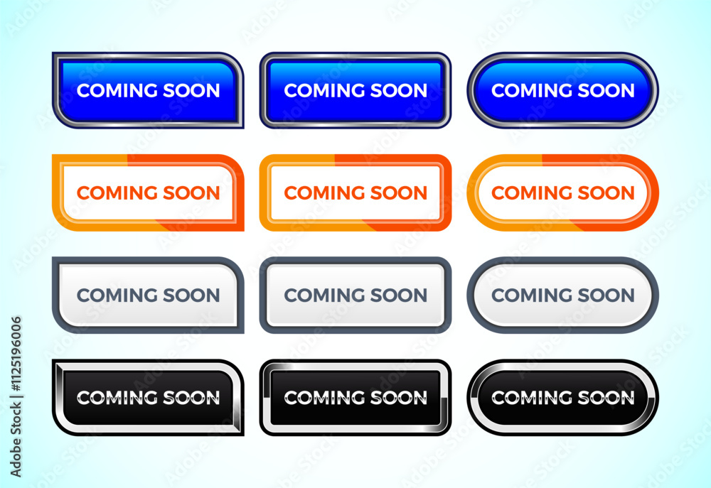 Obraz premium Coming soon button set of different shapes and colors. Suitable for mobile app, and website UI design.