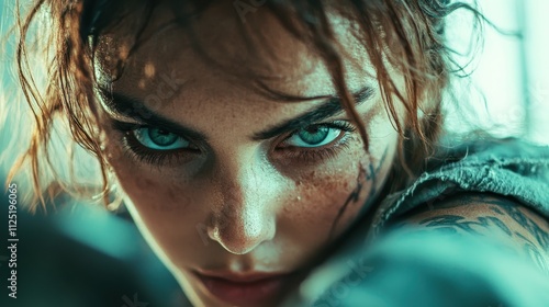 A determined woman with piercing eyes is illuminated by dramatic lighting, conveying an intense emotion and creating a powerful, engaging visual narrative filled with intrigue. photo