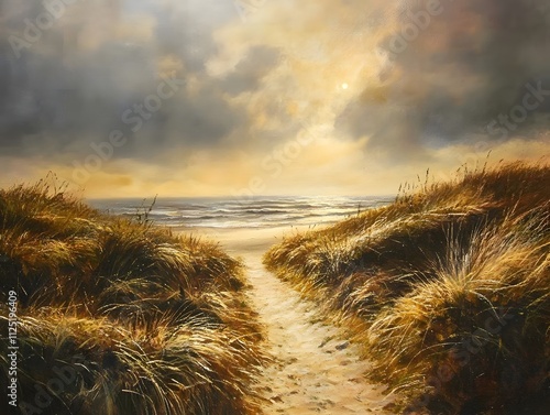 path to North sea beach in gold sunshine