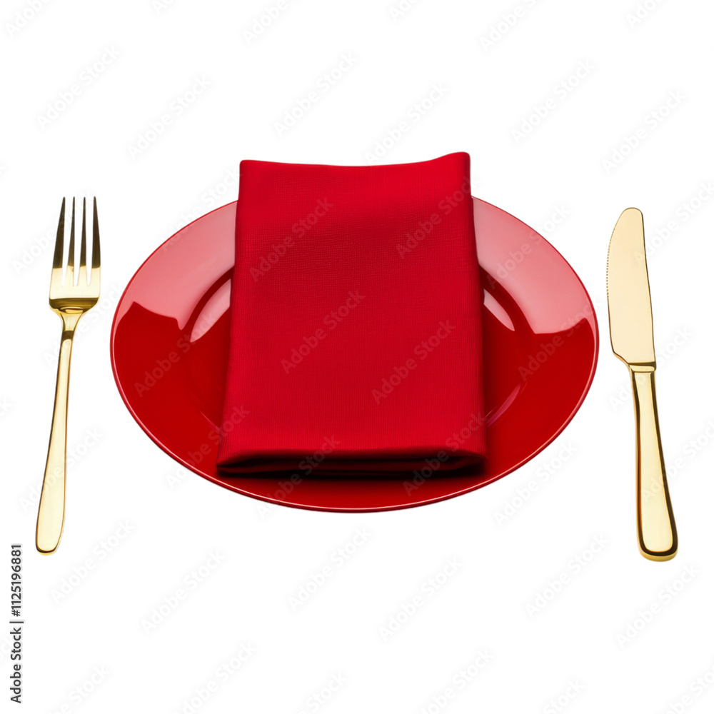 Elegant red and gold table setting with napkin on plate on transparent background Elegant red and gold table setting with napkin on plate on transparent background