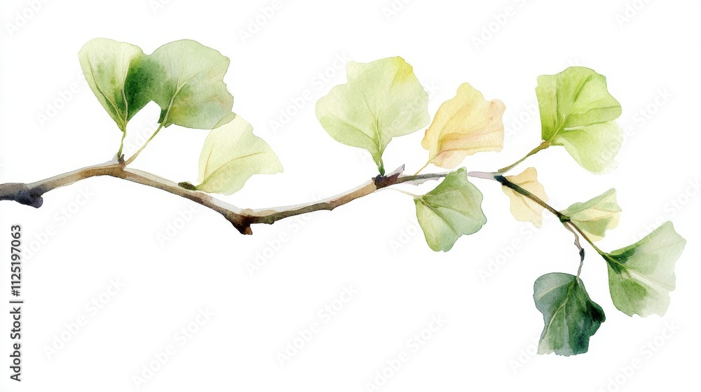 Delicate Watercolor Branch with Soft Green and Yellow Leaves Delicate Watercolor Branch with Soft Green and Yellow Leaves