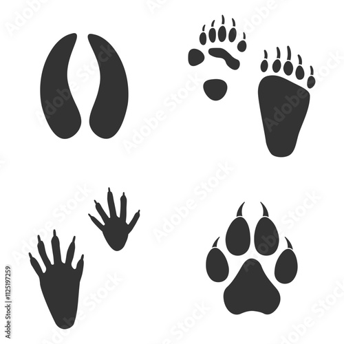 Footprints of  Animal, Traces of a panda, deer, raccoon and tiger on white background.  Silhouette animal tracks in gray. Paw Print for your  design. Vector illustration. EPS10.