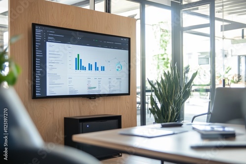 Wallpaper Mural Modern Office Workspace with Financial Data Displayed on a Large Screen Torontodigital.ca