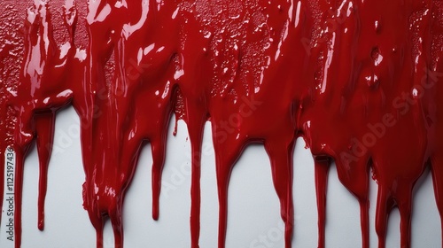 This image captures the dramatic effect of red paint dripping and creating bold contrasts against a stark white background, ideal for artistic interpretations. photo