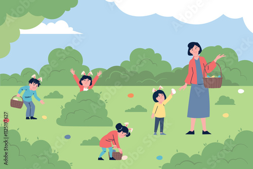 Children easter egg hunt. Flat kids in park or garden looking around, hunting eggs and put in basket. Seasonal spring festival activity, recent vector scene
