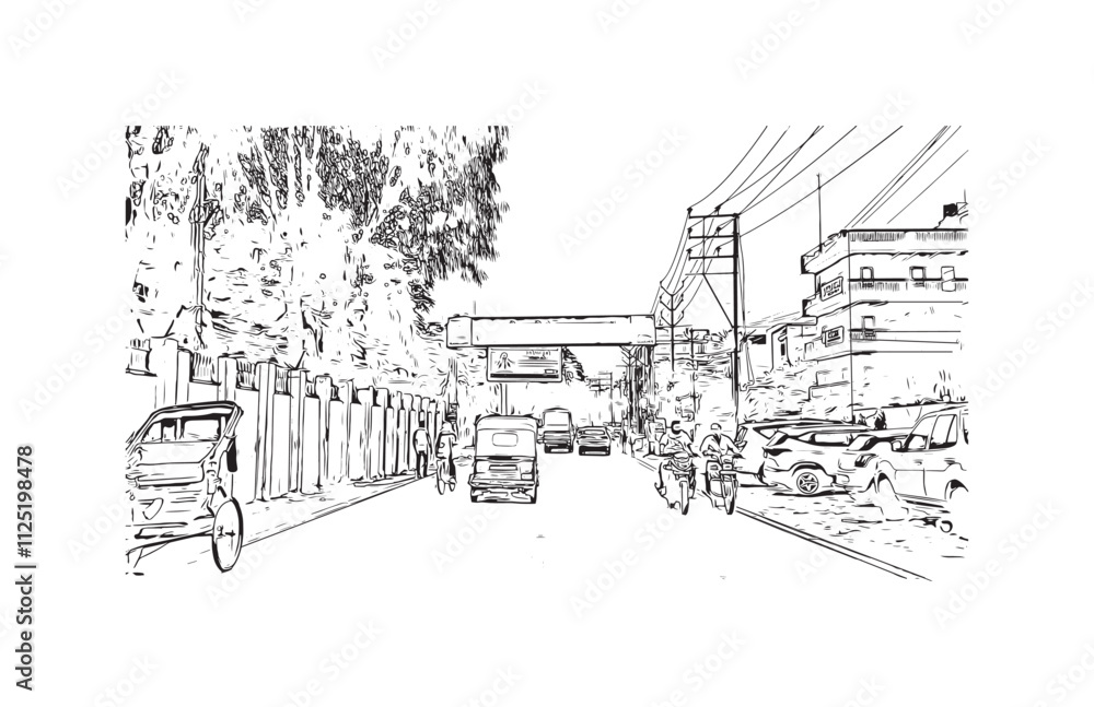 Building view with landmark of Varanasi is the city in India. Hand drawn sketch illustration in vector.