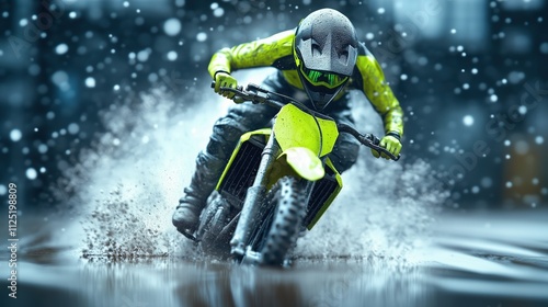 Motocross rider in lime green gear speeding through dust on a bike in a dynamic action shot photo