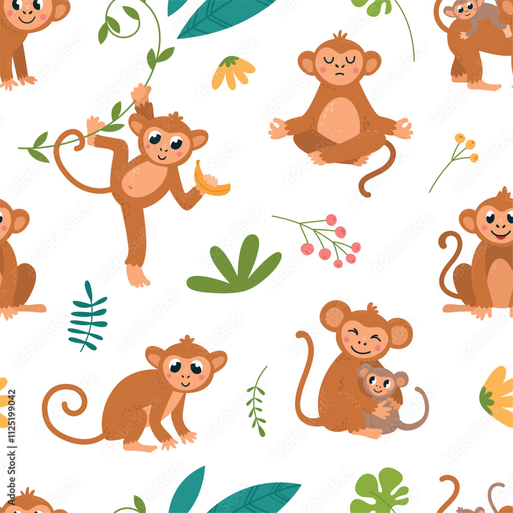 Obraz premium Funny monkey seamless pattern. Cute monkeys various poses characters. Exotic animals children fabric print, wrapping or wallpaper classy vector texture design