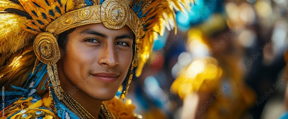 Portrait of a young man in vibrant traditional headdress and costume, smiling at the camera. Portrait of a young man in vibrant traditional headdress and costume, smiling at the camera.
