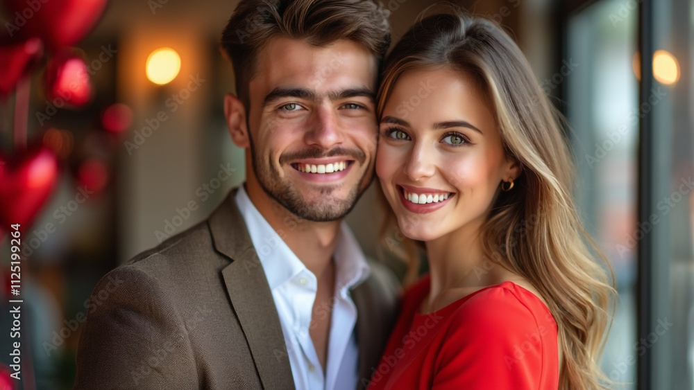 Romantic Couple Posing with Valentine’s Day Decorations and Heart Balloons for Love-Themed Photography. Romantic Couple Posing with Valentine’s Day Decorations and Heart Balloons for Love-Themed Photography.