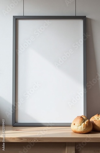 A blank picture frame stands tall on a wooden table beside a few freshly baked bread rolls. Natural light illuminates the scene, creating a warm atmosphere