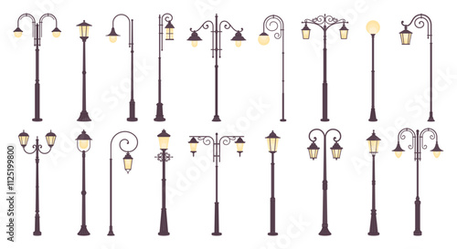 Vintage street lights. Flat decorative lights for sidewalk or urban boulevard. City or town landscape lighting elements, lamp posts racy vector set
