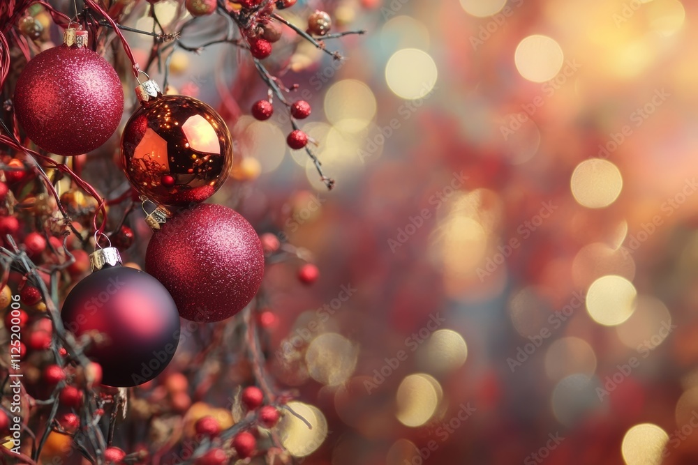 Christmas Ornament Decoration with Red and Gold Balls on a Branch Christmas Ornament Decoration with Red and Gold Balls on a Branch