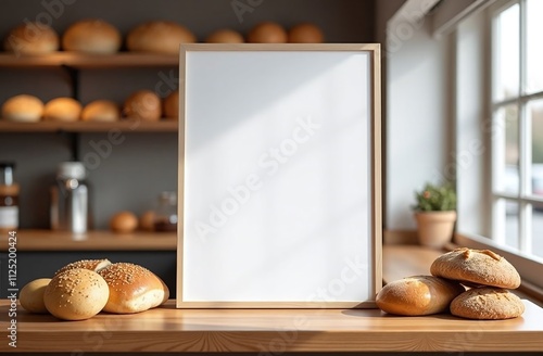 Assorted freshly baked breads, including rolls and loaves, are displayed on a wooden countertop beside a blank frame. Soft morning light filters through a window, enhancing the cozy bakery atmosphere