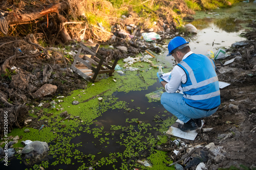 Water resource experts check the water quality in a community canal contaminated with garbage in the canal.