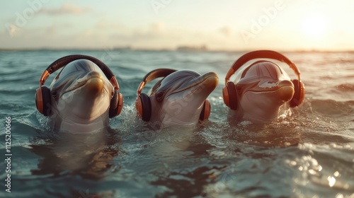 Creative artwork showing three dolphins in the ocean wearing headphones, merging creativity with the natural world, fostering joy and imagination under sunset light. photo