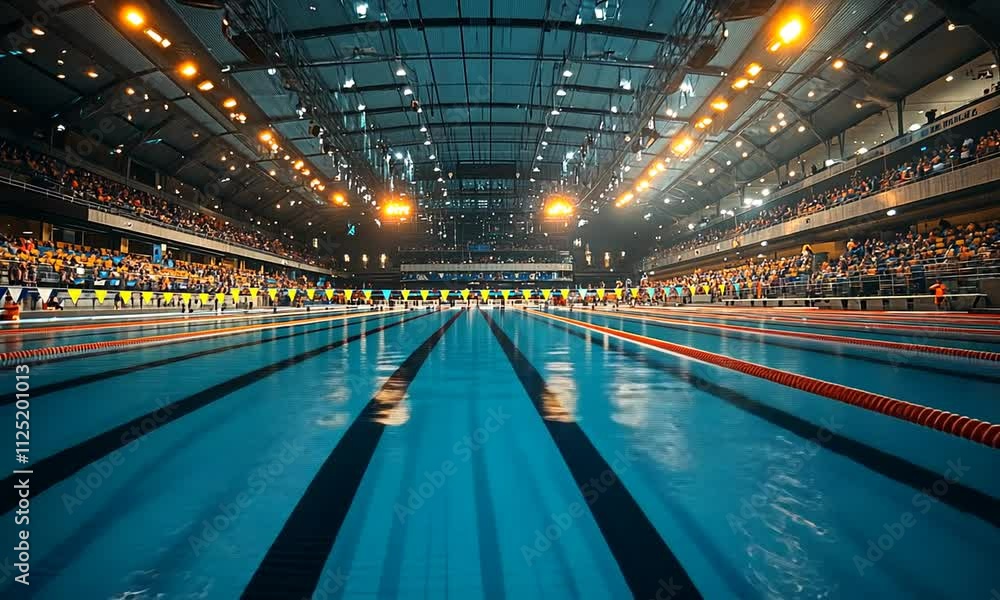 Indoor swimming pool with spectators and bright lights. Indoor swimming pool with spectators and bright lights.