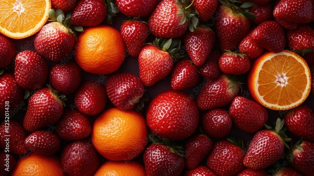 A colorful arrangement of fresh strawberries and whole and halved oranges, showcasing vibrant red and orange hues to create a lively and appetizing scene. A colorful arrangement of fresh strawberries and whole and halved oranges, showcasing vibrant red and orange hues to create a lively and appetizing scene.