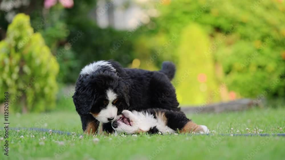 Cute Bernese Mountain Dog pups having playful fun in slow motion on fresh green grass. Cute Bernese Mountain Dog pups having playful fun in slow motion on fresh green grass.