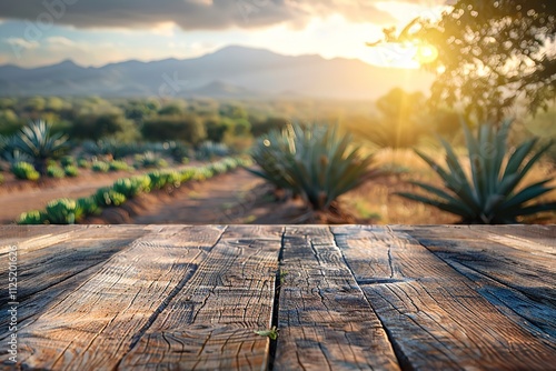 A close-up of a rustic, barren wooden table with a fuzzy background of a Mexican agave farm. Generative Ai