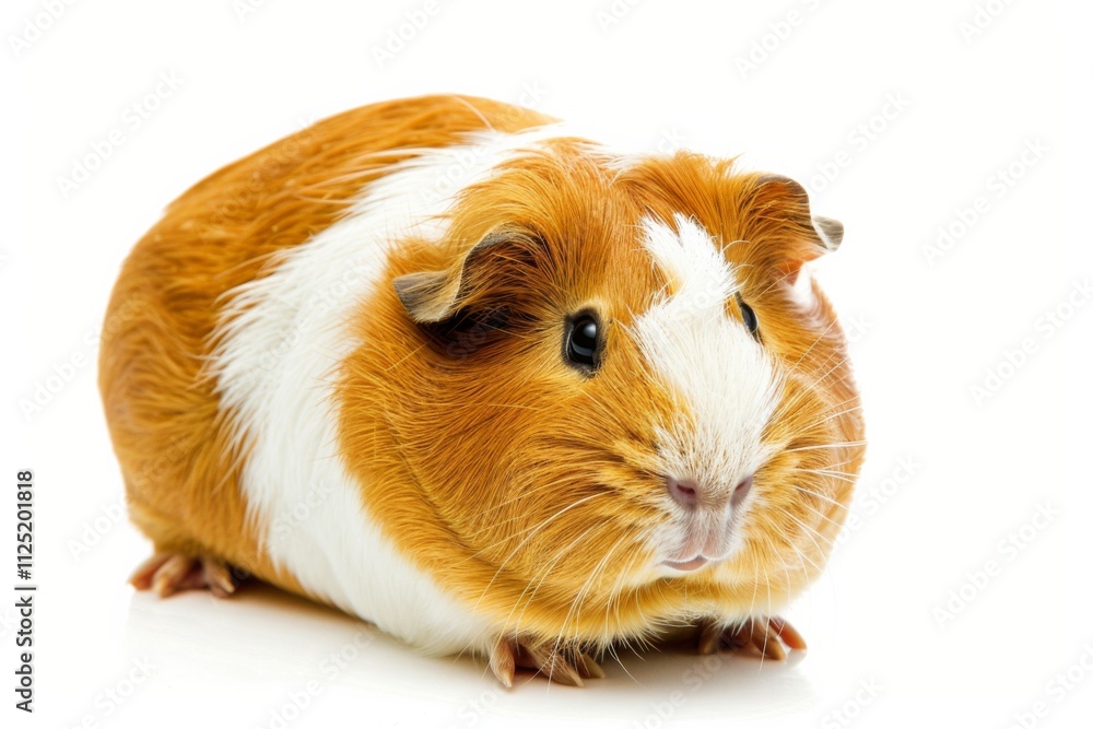 A charming guinea pig with a fluffy coat of orange and white shows a joyful smile creating a delightful atmosphere. Its playful demeanor captures attention against the soft white background. A charming guinea pig with a fluffy coat of orange and white shows a joyful smile creating a delightful atmosphere. Its playful demeanor captures attention against the soft white background.