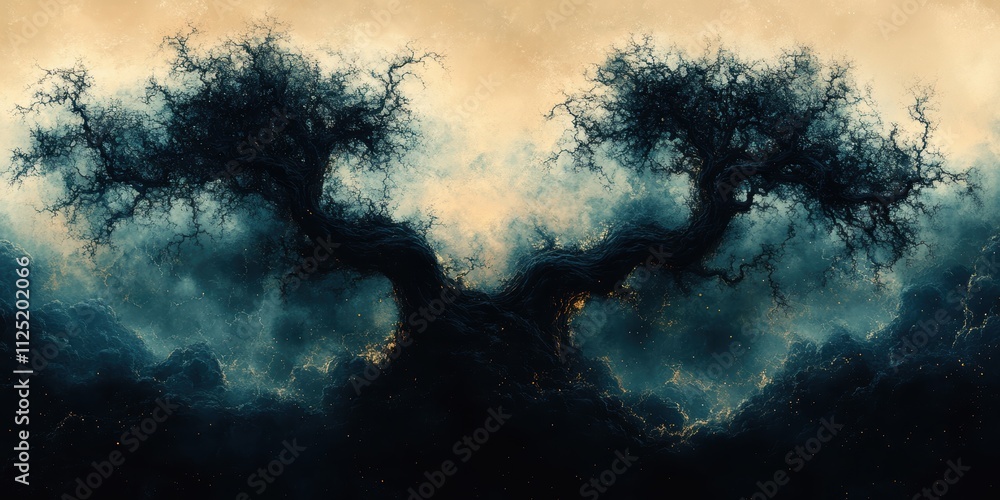 Fototapeta premium Dark and Mysterious Abstract Tree Against a Dramatic Sky with Twisted Branches and Ethereal Atmosphere Showcasing Surreal Natural Beauty