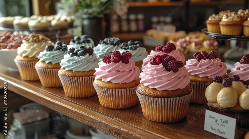 A variety of cupcakes with vibrant frosting and toppings sit neatly arranged on a wooden shelf in a quaint bakery, creating an inviting atmosphere for customers. A variety of cupcakes with vibrant frosting and toppings sit neatly arranged on a wooden shelf in a quaint bakery, creating an inviting atmosphere for customers.