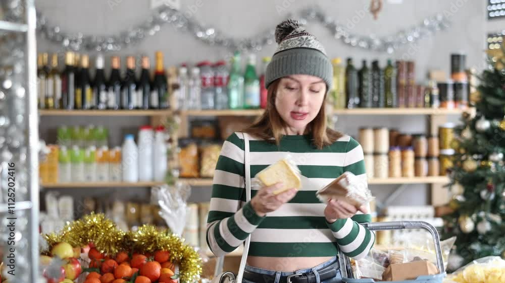 Young woman examines cheese in store. Market visitor chooses from several varieties, evaluates freshness of product, is interested in manufacturer and reads information on label Young woman examines cheese in store. Market visitor chooses from several varieties, evaluates freshness of product, is interested in manufacturer and reads information on label