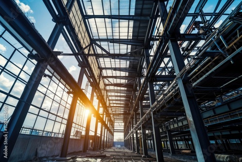 Industrial Steel Workshop Background with Blue Sky and Metal Framework