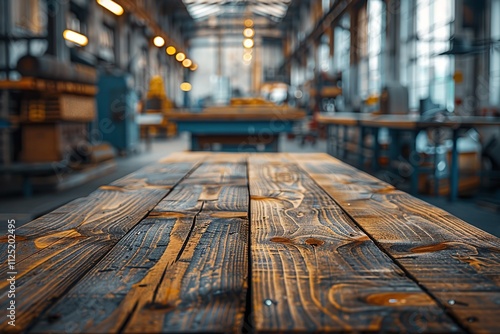 Wallpaper Mural Close-up of a vacant wooden table against a blurry backdrop of an industrial workshop or factory. Generative Ai Torontodigital.ca