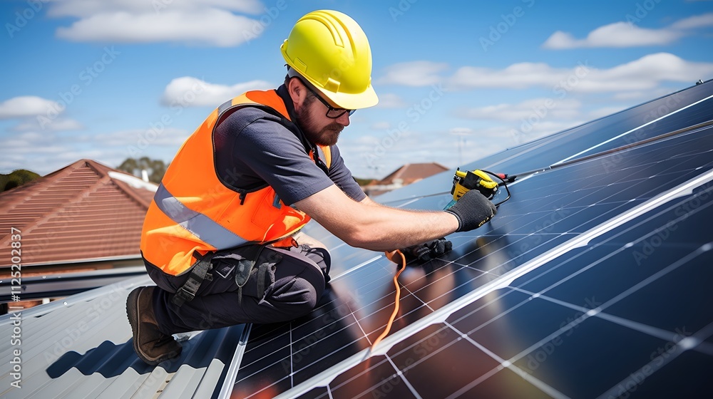 Worker Installing Solar Panels On A Roof Worker Installing Solar Panels On A Roof