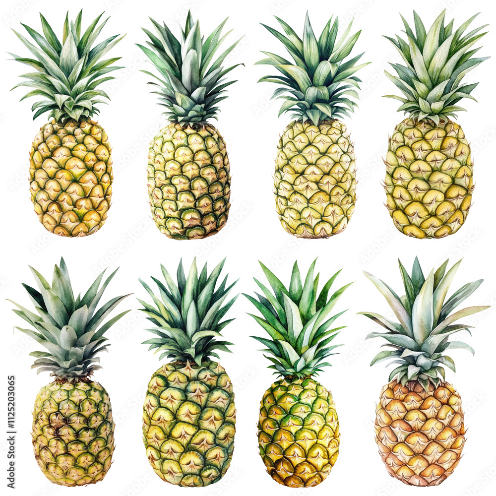 Set of Eight Green Pineapple Watercolor Illustrations on White or Transparent Background Set of Eight Green Pineapple Watercolor Illustrations on White or Transparent Background
