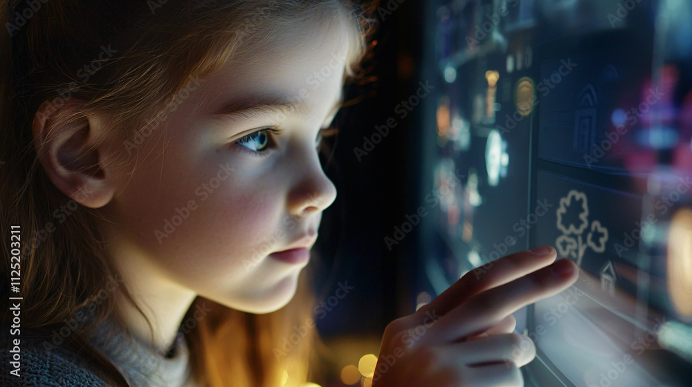 young girl interacts with touchscreen, exploring educational software young girl interacts with touchscreen, exploring educational software