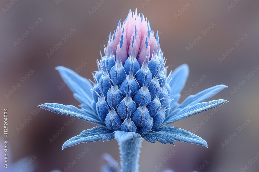 A close-up of a blue flower bud with intricate petal patterns and soft pink tips. A close-up of a blue flower bud with intricate petal patterns and soft pink tips.