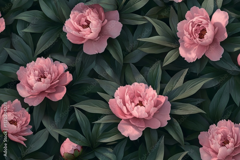 Seamless Pattern of Pink Peonies with Dark Green Leaves AI generated illustration Seamless Pattern of Pink Peonies with Dark Green Leaves AI generated illustration
