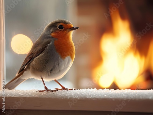 A small bird perched on a snowy windowsill with a warm fire in the background.