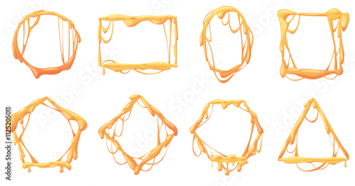 Melted cheese frames. Tasty melting mozzarella or cheddar, frame design from sauce with drops. Yellow flowing cheese borders, nowaday vector set