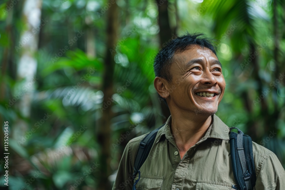 Portrait of a joyful asian man in his 40s sporting a breathable hiking shirt on lush tropical rainforest Portrait of a joyful asian man in his 40s sporting a breathable hiking shirt on lush tropical rainforest