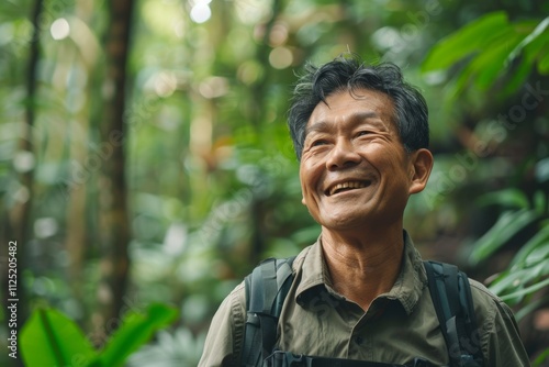 Portrait of a joyful asian man in his 40s sporting a breathable hiking shirt while standing against lush tropical rainforest photo