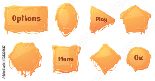 Cheese buttons. Melting cheddar emmental gouda ui design elements. Game or web page bars. Tasty sauce frames various shapes, nowaday vector set