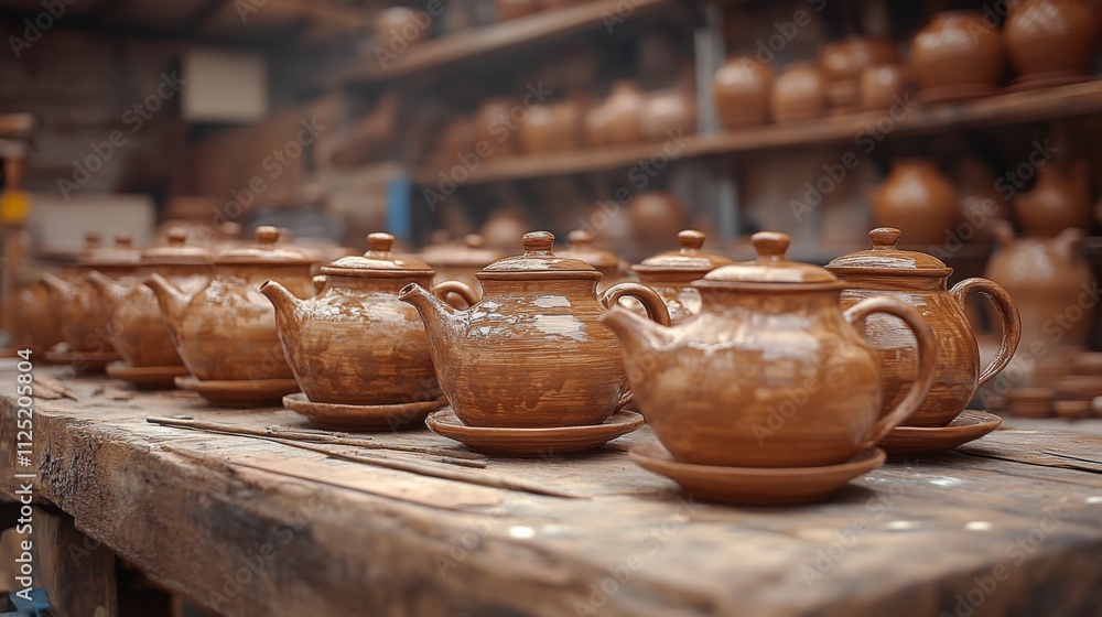 A row of beautifully crafted clay teapots sits on a wooden table inside a pottery workshop. Warm lighting highlights the intricate textures and earthy tones of each teapot. A row of beautifully crafted clay teapots sits on a wooden table inside a pottery workshop. Warm lighting highlights the intricate textures and earthy tones of each teapot.