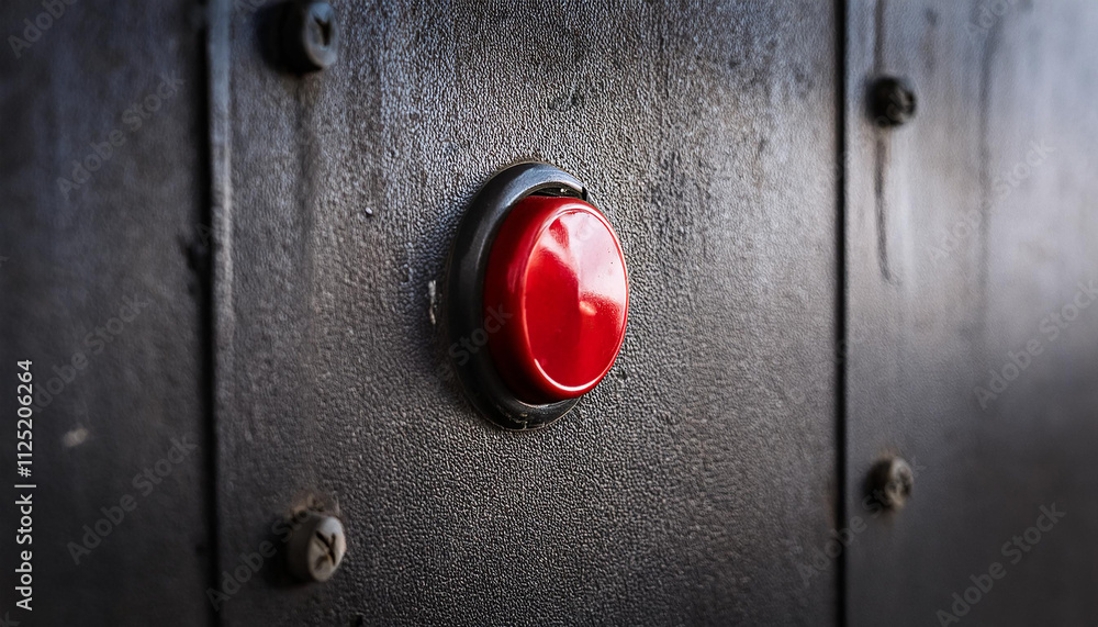 Red button on dark metal wall. Red button on dark metal wall.