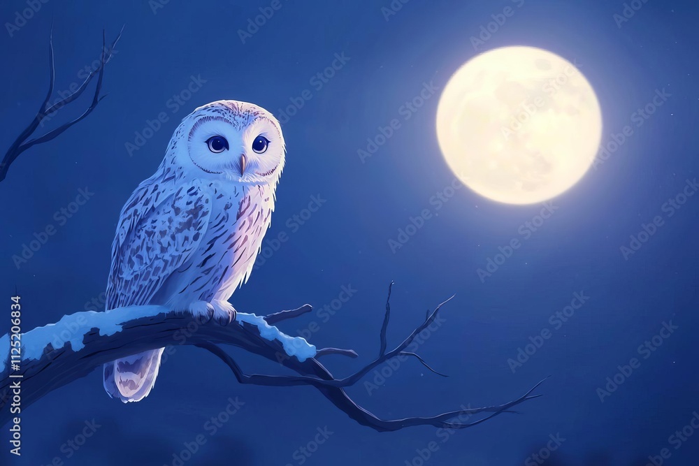 A serene owl perched on a snowy branch under a bright full moon at night. A serene owl perched on a snowy branch under a bright full moon at night.