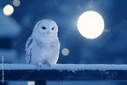 A serene snowy owl perched gracefully under a bright moonlight in a winter landscape.