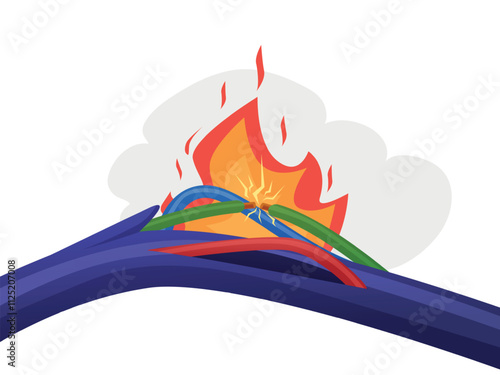 Short circuit background. Broken damaged copper wire with fire flame. Dangerous electrical cable, burning electricity connection or break, nowaday vector background