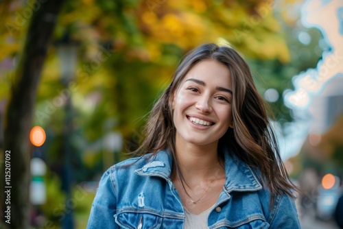 Portrait of a cheerful woman in her 30s sporting a rugged denim jacket in vibrant city park