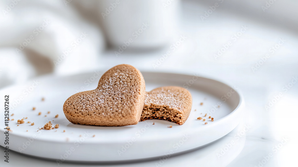 Heart-shaped cookies on a plate, one whole and the other half-eaten, perfect for a sweet treat after a meal Heart-shaped cookies on a plate, one whole and the other half-eaten, perfect for a sweet treat after a meal