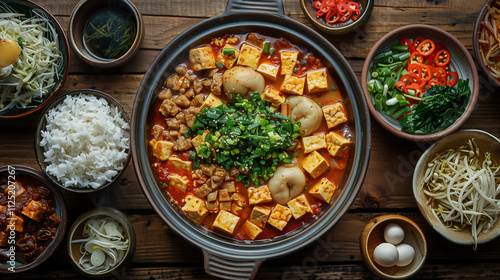 Flavorful Mapo Tofu with Fresh Ingredients and Rice on Wooden Table