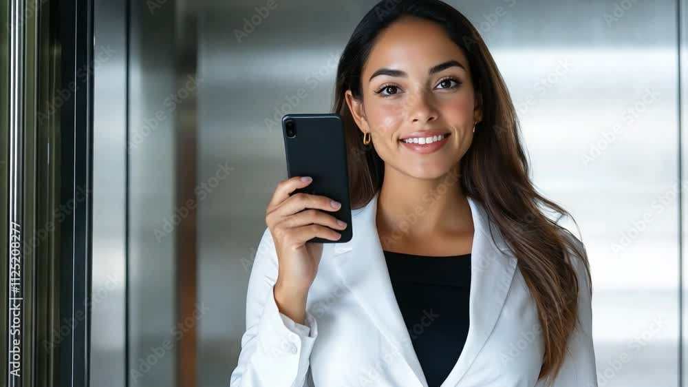 Woman in business attire smiles while using a smartphone inside an elevator during daytime commute Woman in business attire smiles while using a smartphone inside an elevator during daytime commute